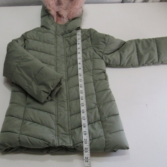 The Children’s Place Girls Long Puffer Jacket w/Pink Fur Hood Olive Size S 5/6 - Picture 9 of 9